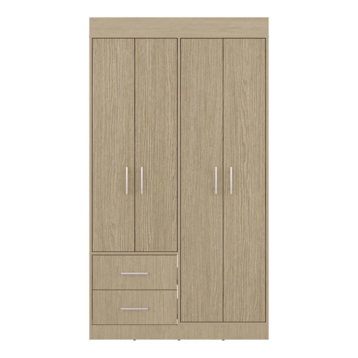 armario beige frontal con dos puertas y tres cajones, ideal para almacenamiento